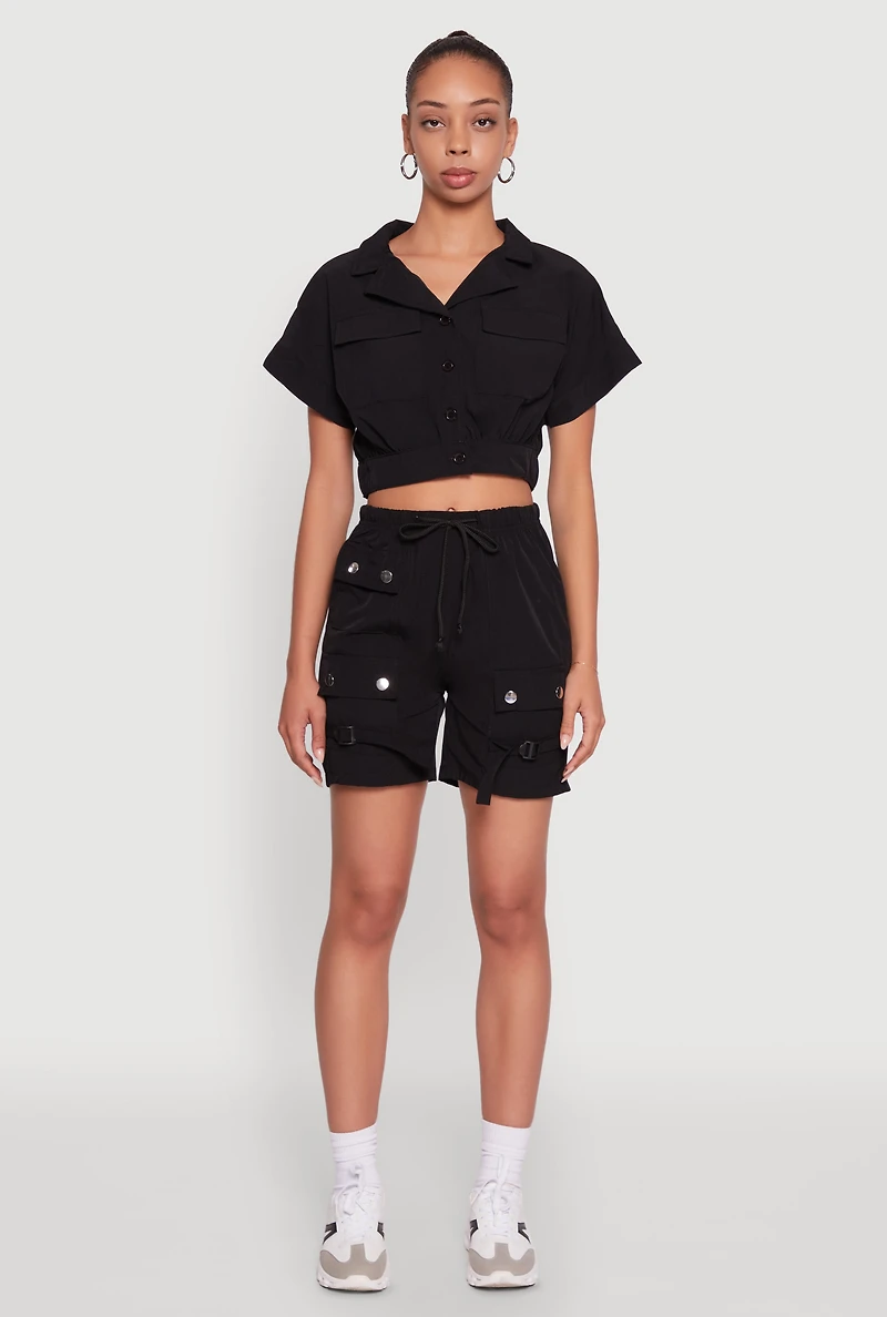Womens Trendy Nylon Drawstring Waist Utility Shorts, Black, Size L