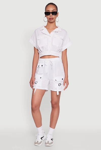 Womens Trendy Nylon Drawstring Waist Utility Shorts, White, Size XL