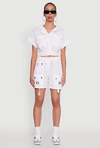 Womens Trendy Nylon Drawstring Waist Utility Shorts, White, Size XL
