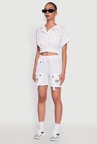Womens Trendy Nylon Drawstring Waist Utility Shorts, White, Size XL