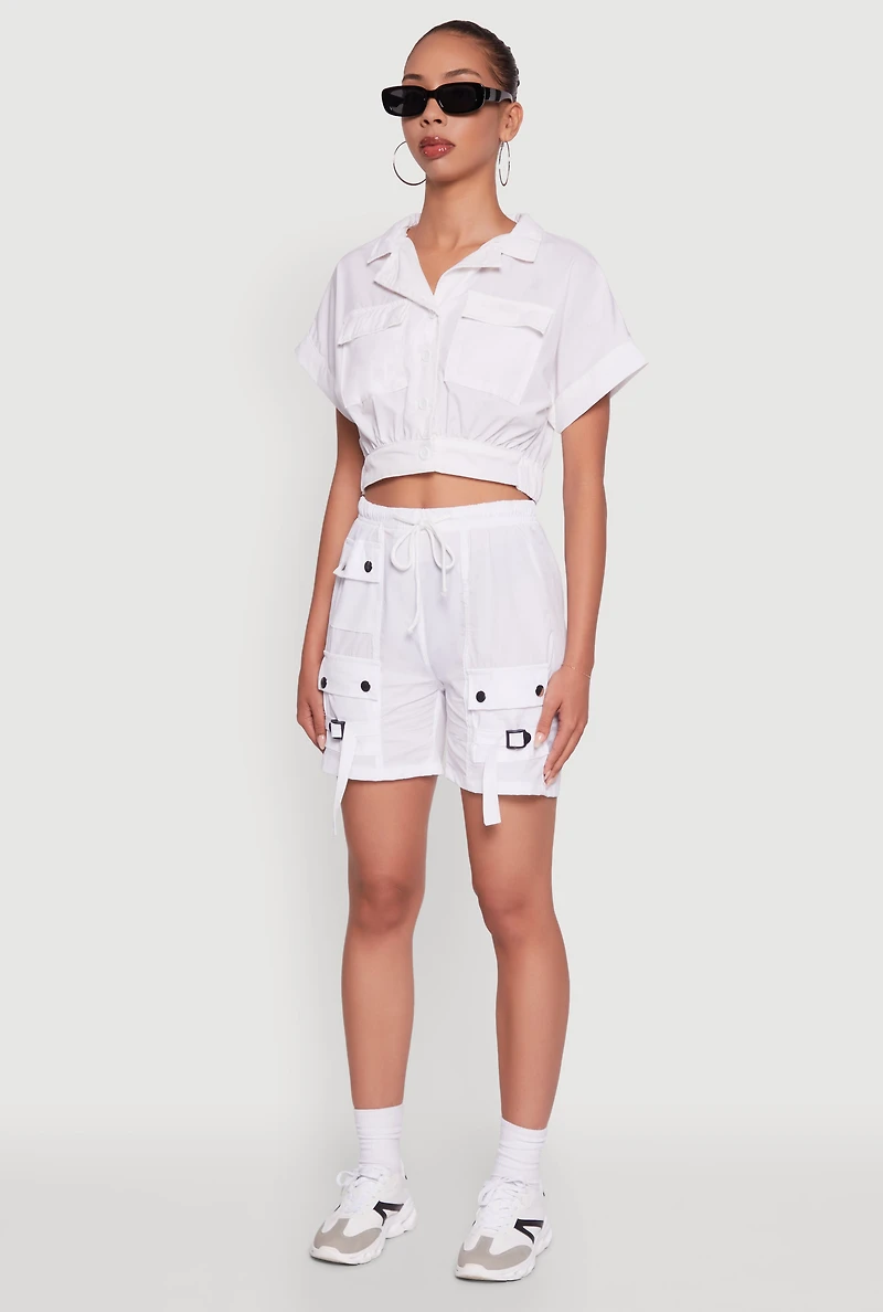 Womens Trendy Nylon Drawstring Waist Utility Shorts, White,