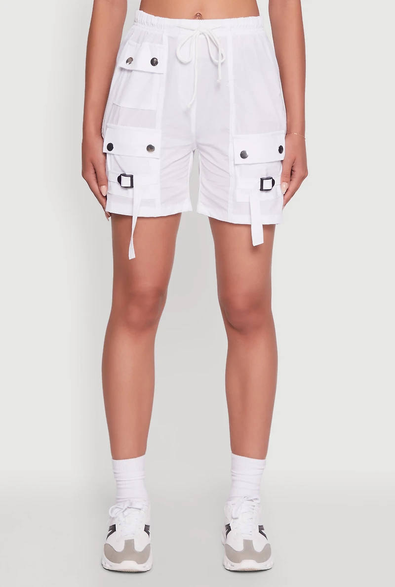 Womens Trendy Nylon Drawstring Waist Utility Shorts, White,