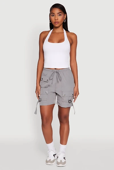 Womens Trendy Nylon Drawstring Waist Utility Shorts, Grey, Size S