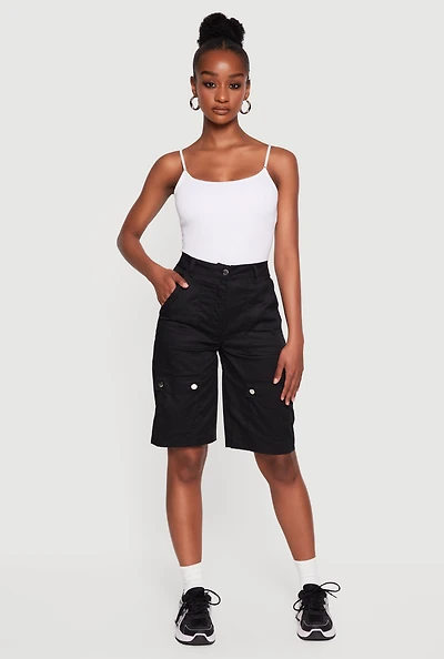 Poplin High Waisted Cargo Pocket Bermuda Shorts