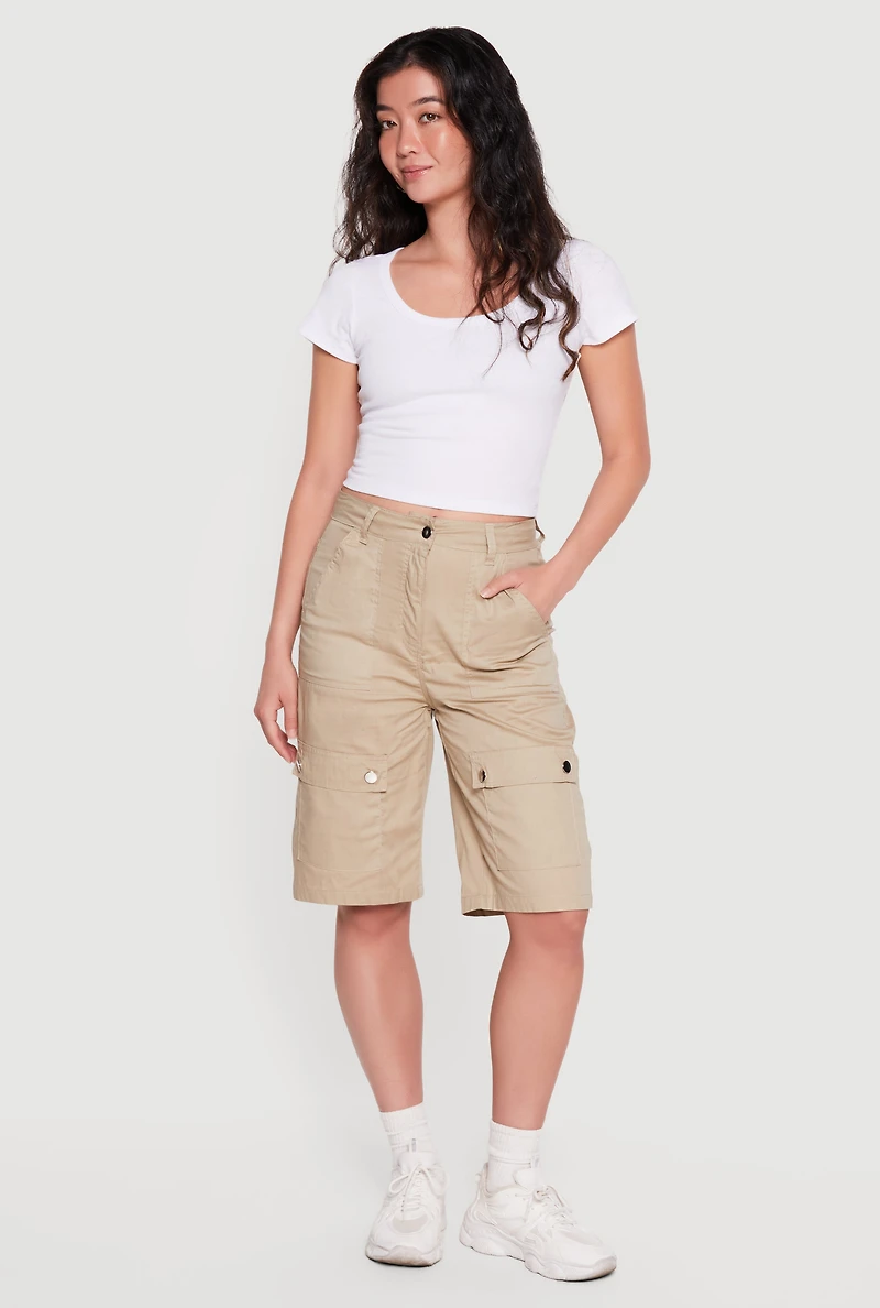 Poplin High Waisted Cargo Pocket Bermuda Shorts
