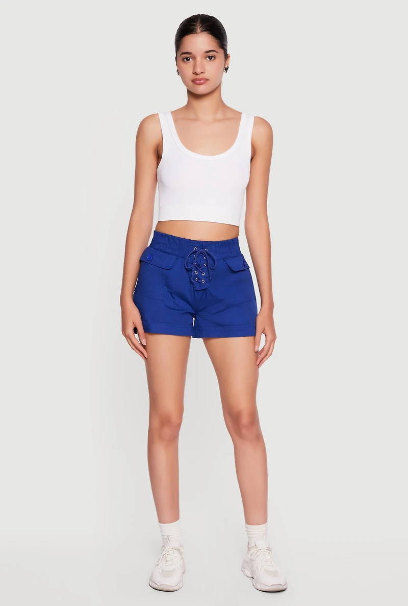 Lace Up Smocked Waist Poplin Shorts
