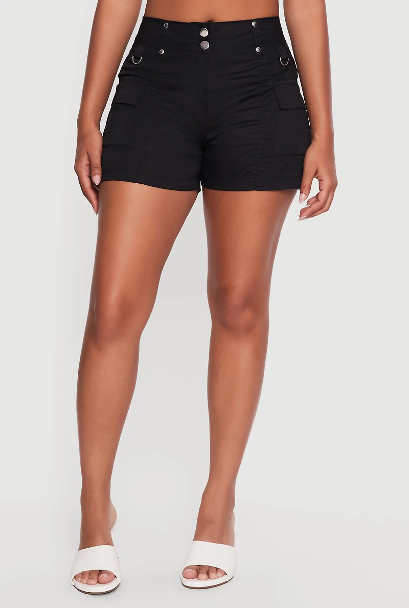 Double Button Solid Cargo Shorts