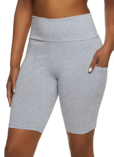 Womens High Waisted Side Pocket Biker Shorts, Grey, Size S