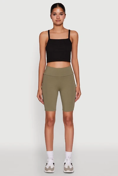 Womens High Waisted Side Pocket Biker Shorts, Green, Size S