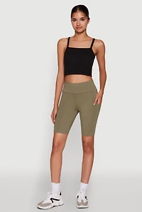Womens High Waisted Side Pocket Biker Shorts, Green, Size S