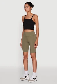 Womens High Waisted Side Pocket Biker Shorts, Green, Size S