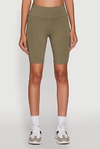 Womens High Waisted Side Pocket Biker Shorts, Green, Size S