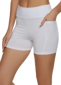 Womens Side Pocket High Waist Biker Shorts, White, Size L