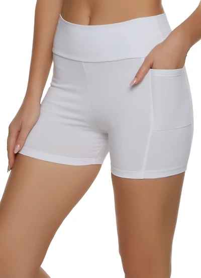 Womens Side Pocket High Waist Biker Shorts, White, Size M