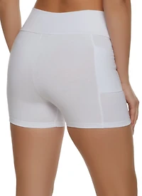 Womens Side Pocket High Waist Biker Shorts, White, Size L