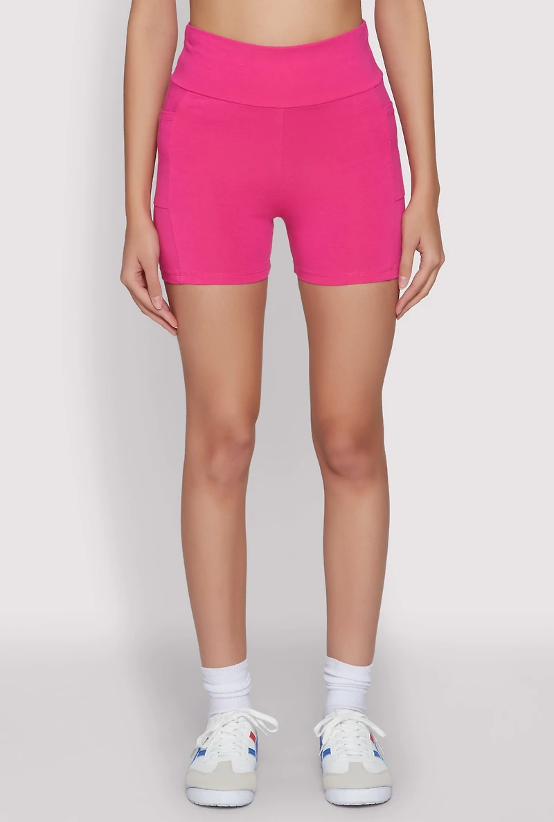 Womens Side Pocket High Waist Biker Shorts, Pink,