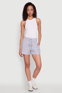 Womens Seersucker Striped Drawstring Waist Shorts, Blue, Size L