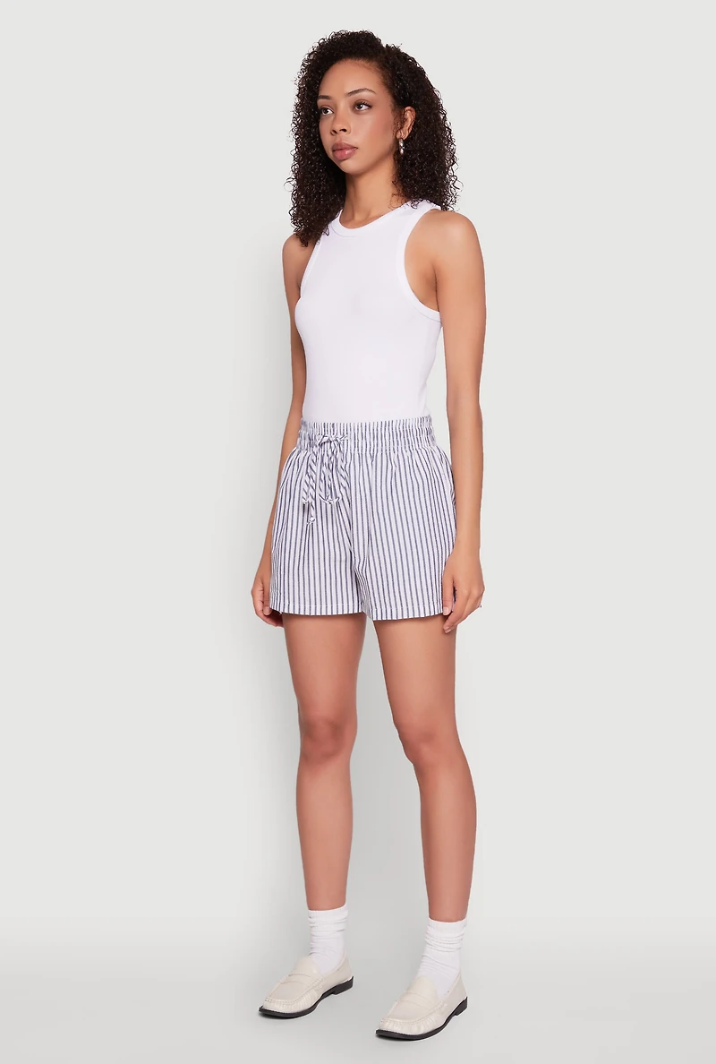 Womens Seersucker Striped Drawstring Waist Shorts, Blue, Size L