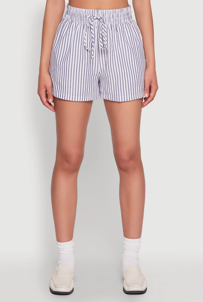 Womens Seersucker Striped Drawstring Waist Shorts,