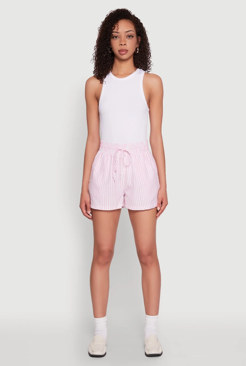 Womens Seersucker Striped Drawstring Waist Shorts, Pink, Size L
