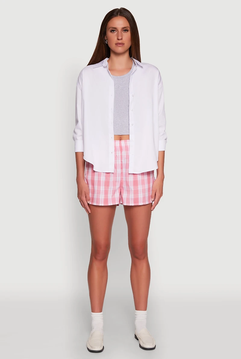Womens Pull On Plaid Shorts, Pink, Size L