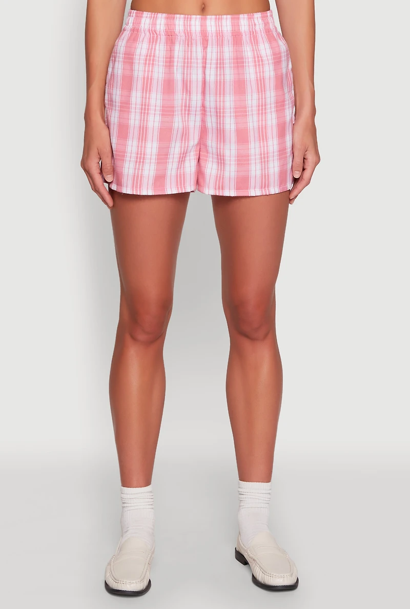 Womens Pull On Plaid Shorts, Pink, Size L