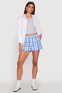 Womens Pull On Plaid Shorts, Blue, Size L