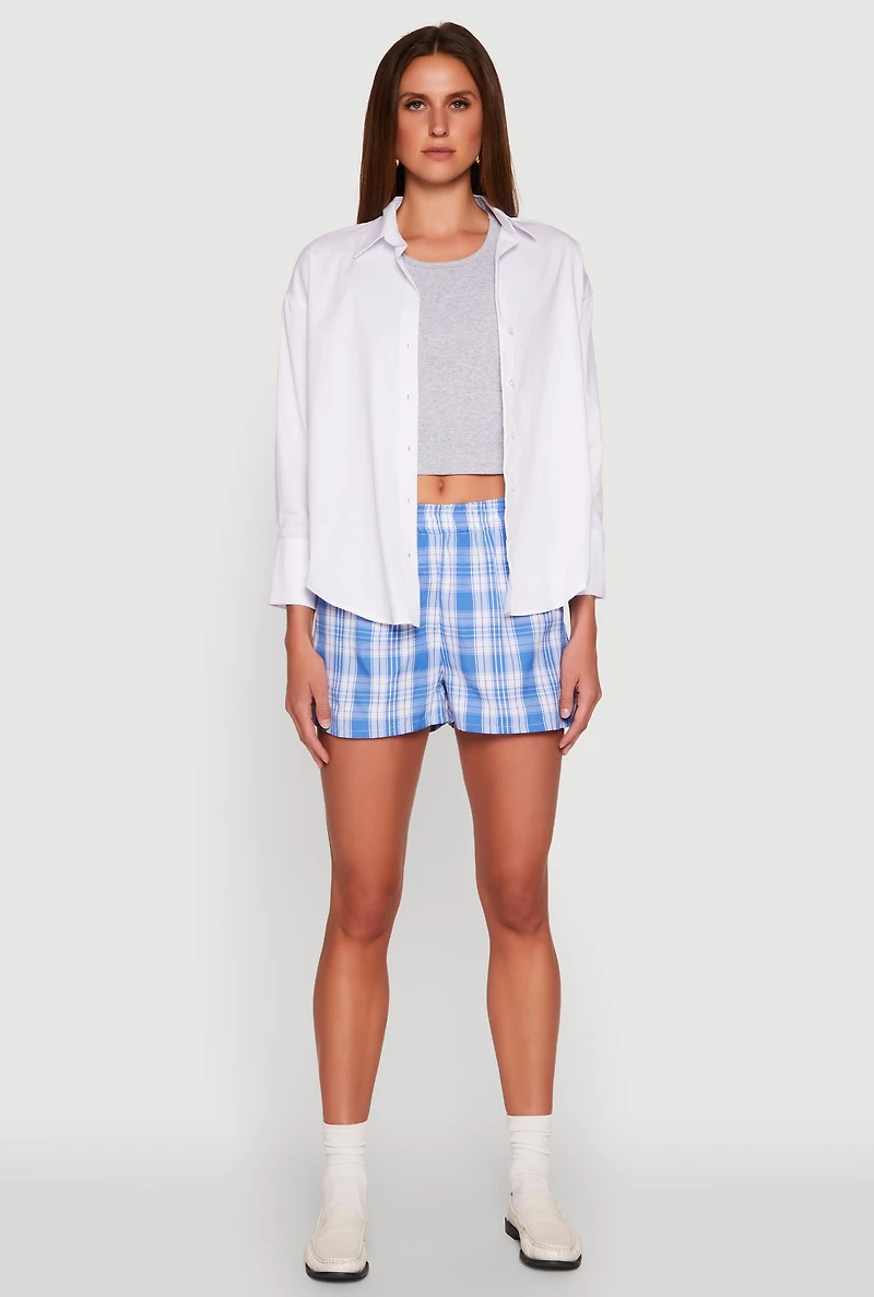 Womens Pull On Plaid Shorts, Blue, Size L