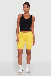 Womens Stylish Bike Shorts with Tummy Tucker and Side Pockets, Yellow, Size S