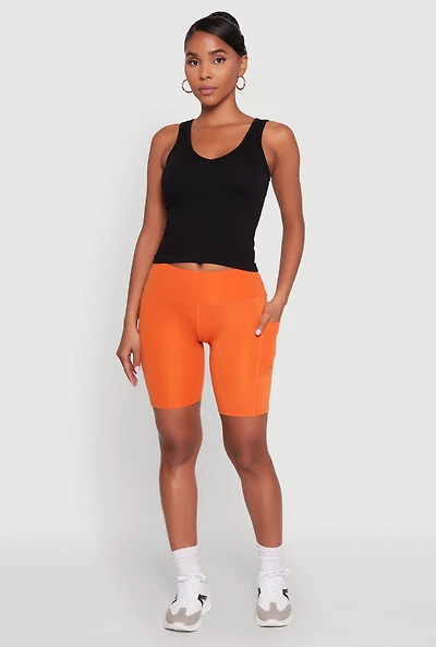 Womens Stylish Bike Shorts with Tummy Tucker and Side Pockets, Orange, Size M