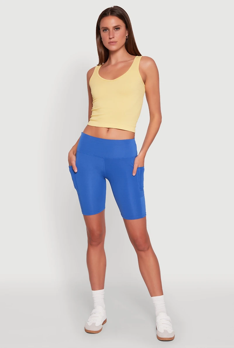 Womens Stylish Bike Shorts with Tummy Tucker and Side Pockets, Blue, Size L