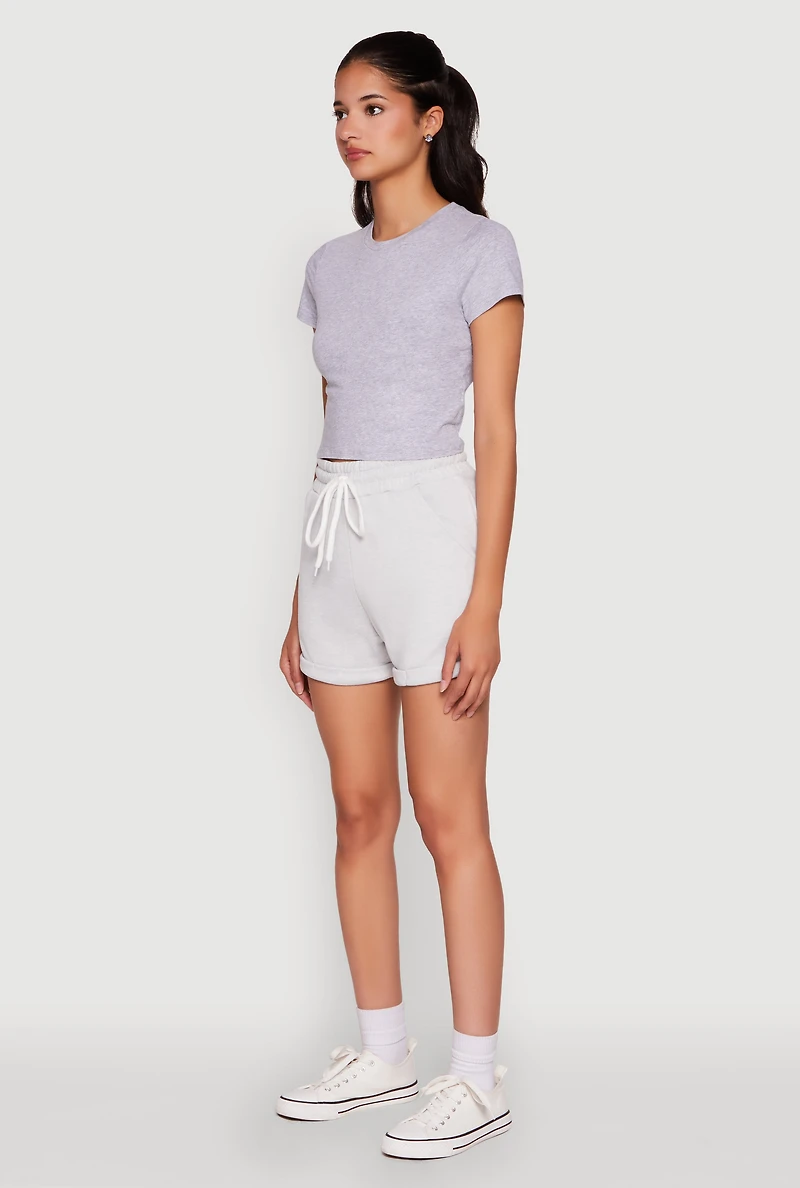 Womens Chic Drawstring High Waisted Sweatshorts with Fixed Cuffs, Grey, Size S