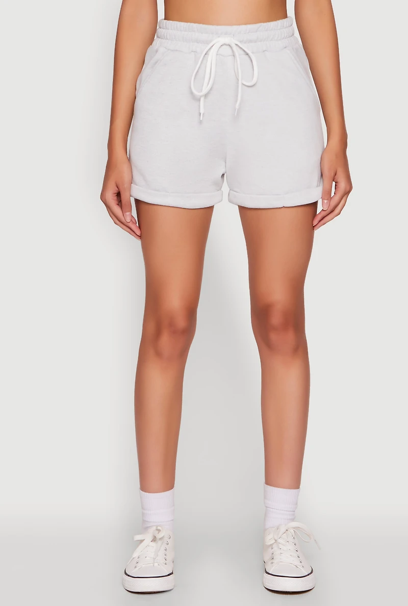 Womens Chic Drawstring High Waisted Sweatshorts with Fixed Cuffs, Grey, Size S