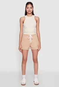 Womens Chic Drawstring High Waisted Sweatshorts with Fixed Cuffs, Khaki, Size S