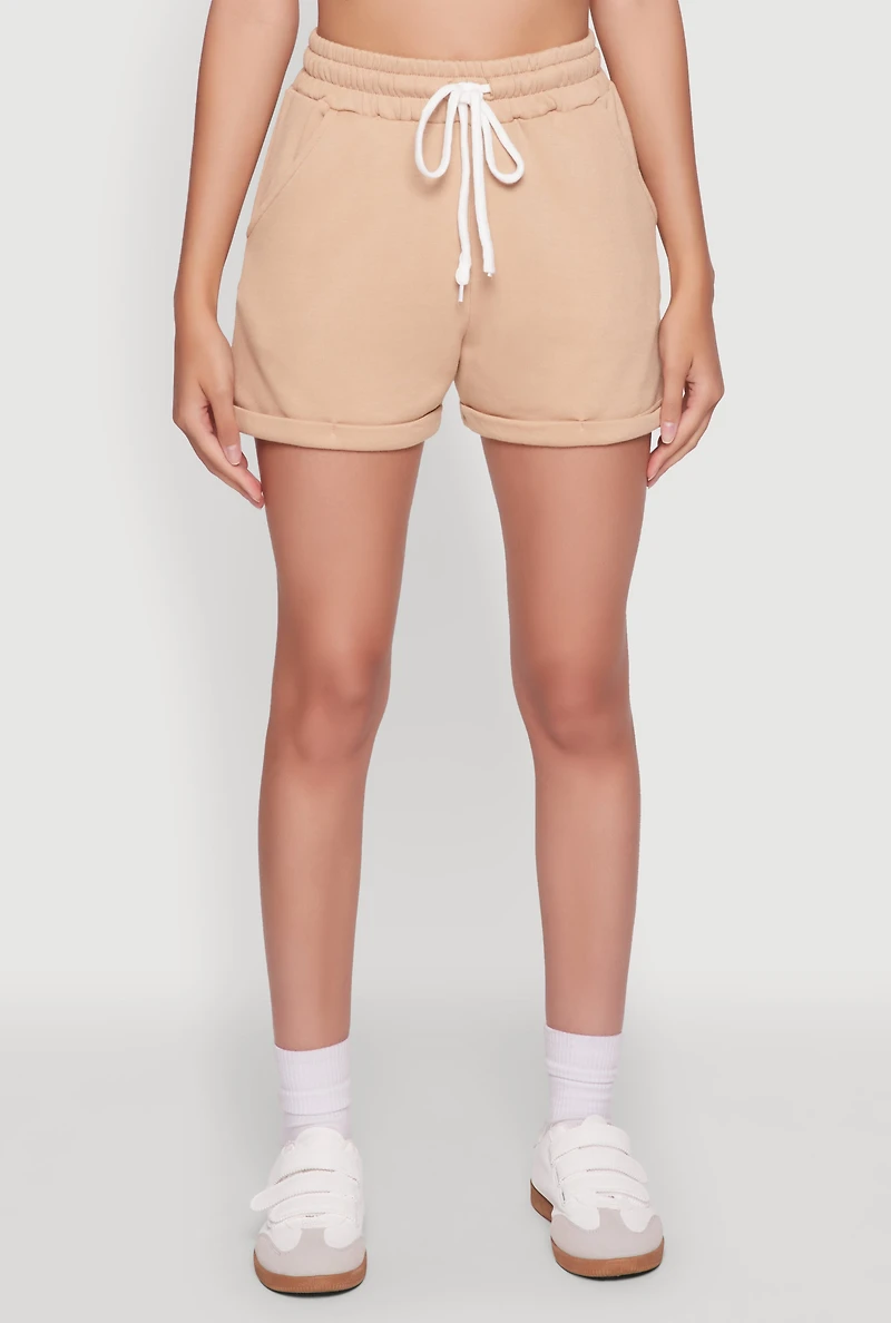 Womens Chic Drawstring High Waisted Sweatshorts with Fixed Cuffs, Khaki, Size S