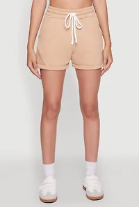 Womens Chic Drawstring High Waisted Sweatshorts with Fixed Cuffs, Khaki, Size S
