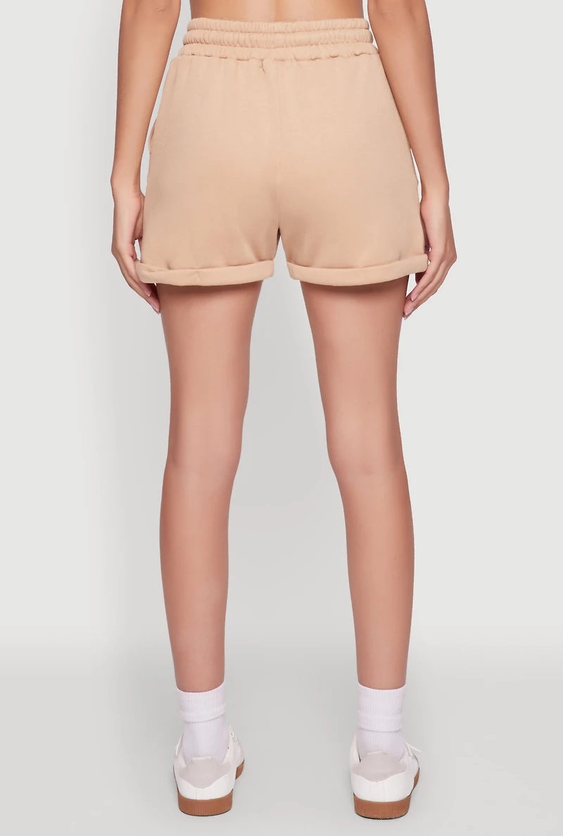 Womens Chic Drawstring High Waisted Sweatshorts with Fixed Cuffs, Khaki, Size S