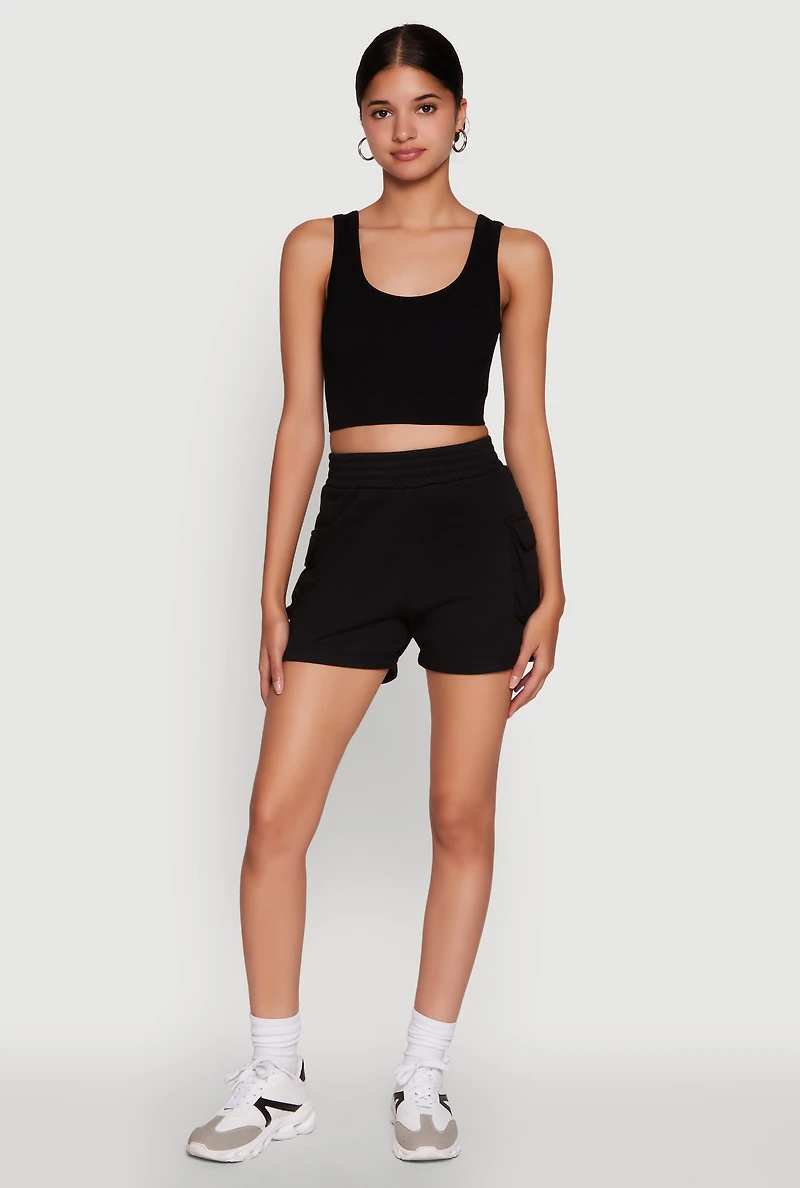 Womens Trendy High Waisted Fleece Cargo Shorts, Black, Size S