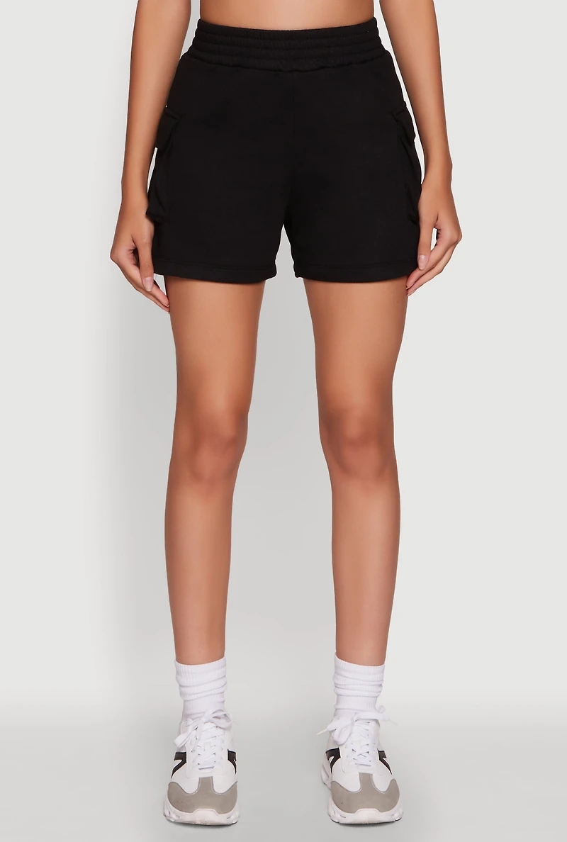 Womens Trendy High Waisted Fleece Cargo Shorts, Black, Size L