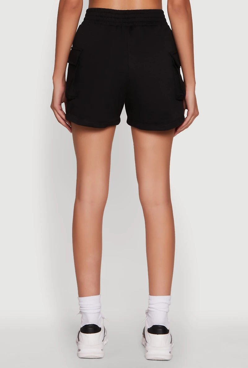 Womens Trendy High Waisted Fleece Cargo Shorts, Black, Size M