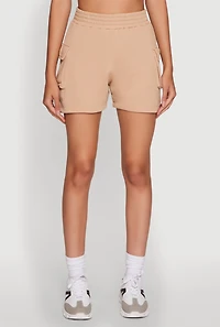 Womens Trendy High Waisted Fleece Cargo Shorts, Beige, Size XL