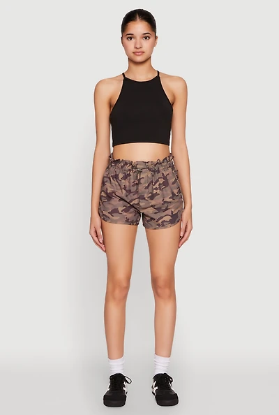 Womens Camo Print Drawstring Dolphin Shorts, Brown, Size M