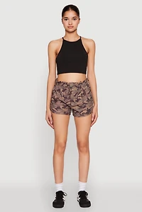 Womens Camo Print Drawstring Dolphin Shorts, Brown, Size M