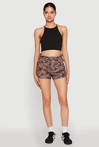 Womens Camo Print Drawstring Dolphin Shorts, Brown,