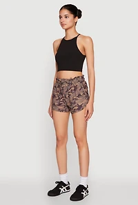 Womens Camo Print Drawstring Dolphin Shorts, Brown,