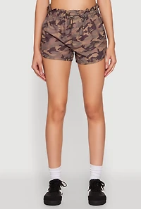 Womens Camo Print Drawstring Dolphin Shorts, Brown,