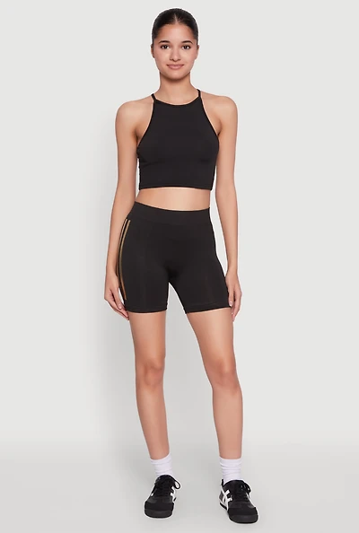 Womens Foil Screen Varsity Stripe Biker Shorts, Black, Size S-M