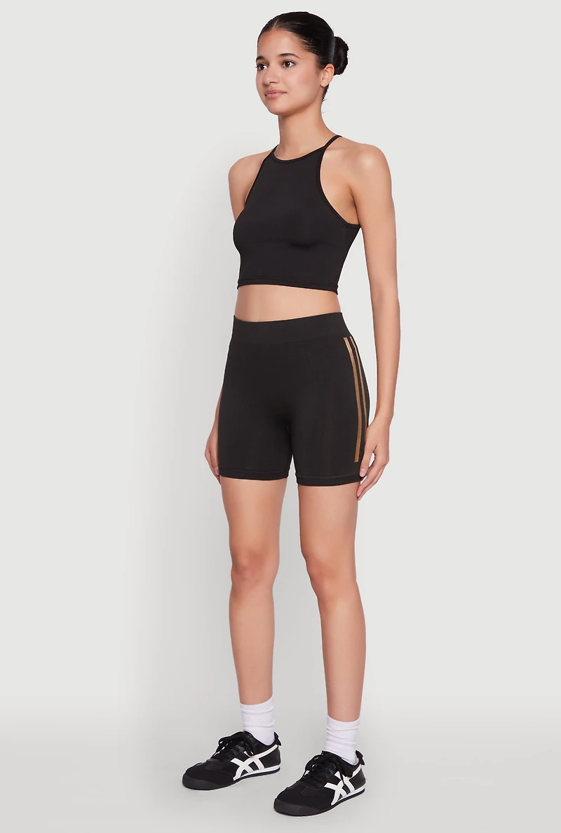 Womens Foil Screen Varsity Stripe Biker Shorts, Black, Size L-XL