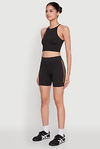 Womens Foil Screen Varsity Stripe Biker Shorts, Black, Size L-XL