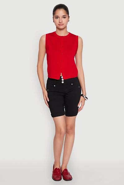 Womens Hyper Stretch Faux Button Bermuda Shorts, Black, Size M